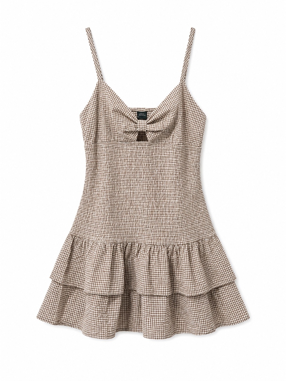 Brown Gingham Tiered Mini Dress Bow Front Spaghetti Strap Cottagecore Coquette